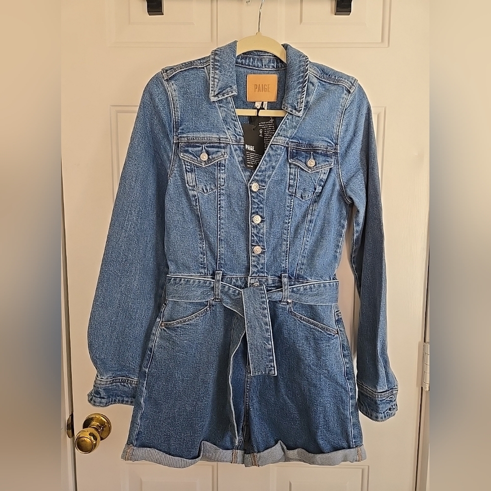 PAIGE Women's Long Sleeve Blue Denim Romper Shorts With Belt Size 6 NWT
